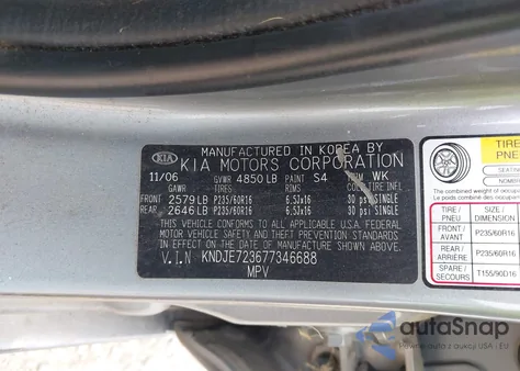 2007 Kia Sportage Lx V6 from USA, damaged, VIN KNDJE723677346688
